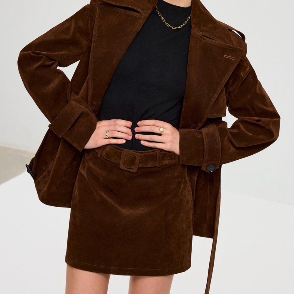 Brown Suede Trench Coat and Mini Skirt Set